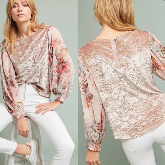 Anthropologie | meadow rue crushed velvet pink floral sleeves blouse 🌸 - Picture 9 of 9